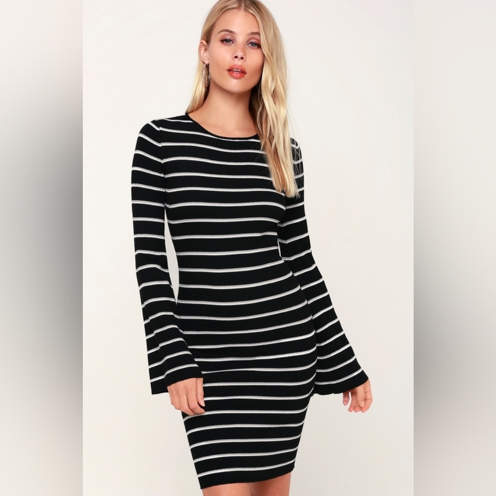 Lulus Rendezvous Black Striped Long Sleeve Bodycon Dress